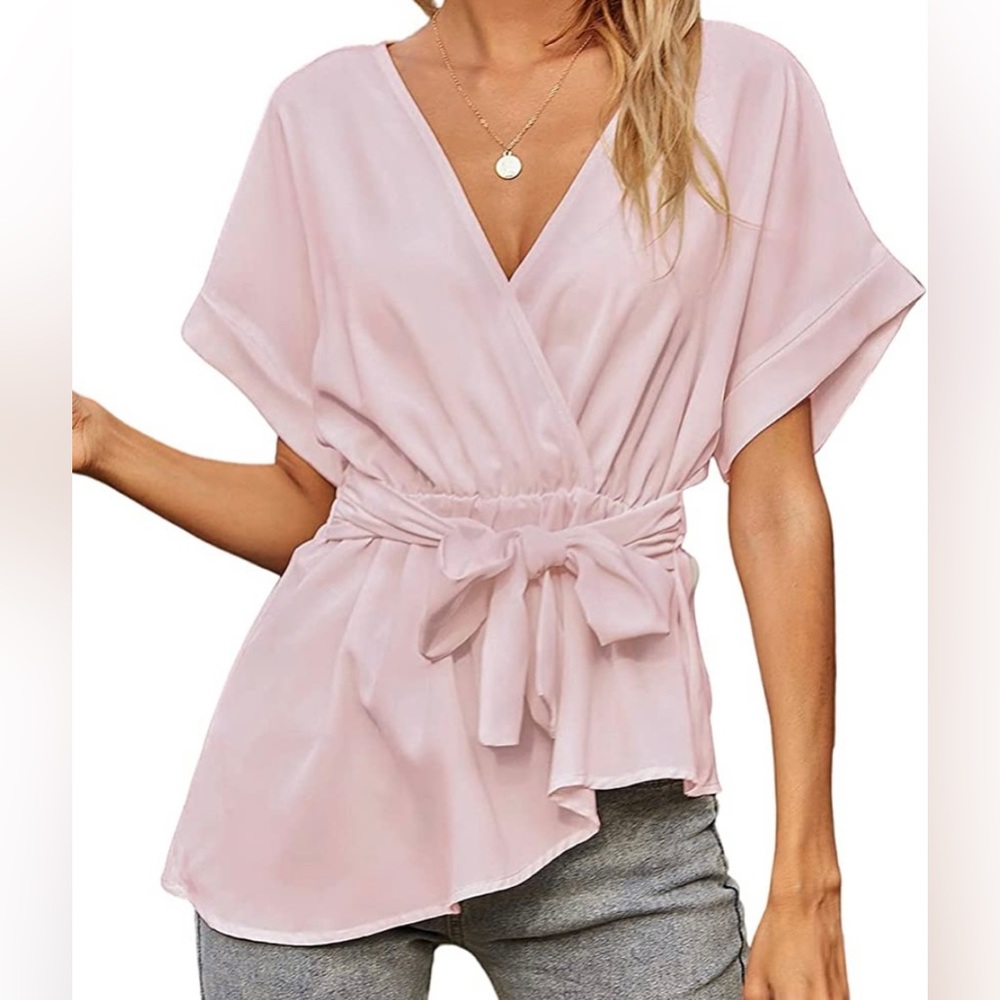 Rose Pink Batwing V-Neck Bow & Ruffle Asymmetrical Hem Blouse
